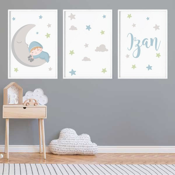 3 affiches pour enfants - Bébé sur la lune