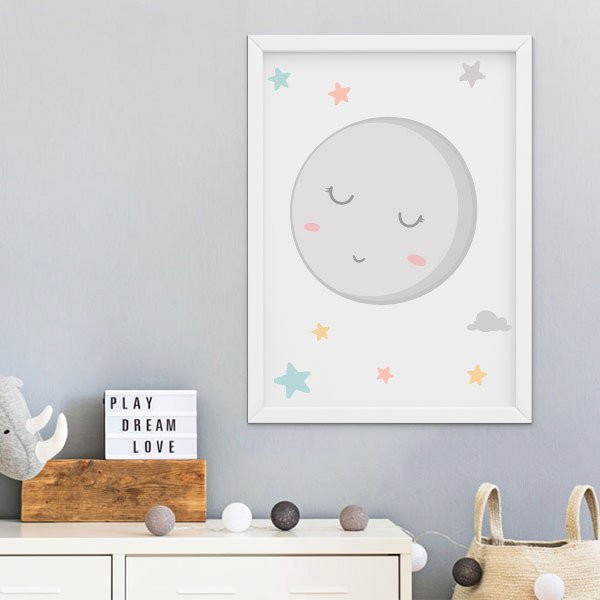 Cuadro infantil con nombre. Luna llena con estrellas. Decoración de Habitación para Bebé y Niños