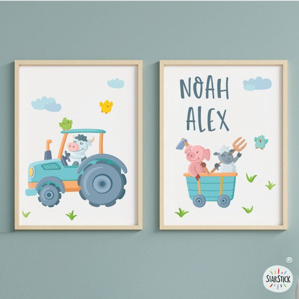Personalized Decorative Prints Tractor with Animals for Kids