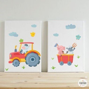 Pack de 2 láminas decorativas - Tractor con animales