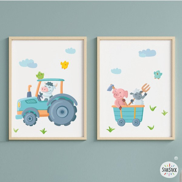 Personalized Decorative Prints Tractor with Animals for Kids