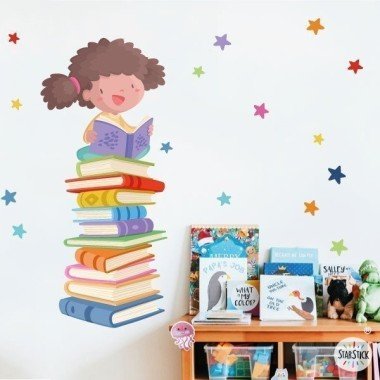 Vinils infantils per a col·legis i biblioteques - Nena arrissada llegint sobre llibres