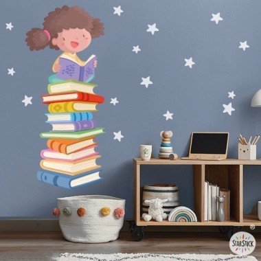 Stickers muraux enfant pour écoles et bibliothèques - Fille bouclée lisant sur des livres