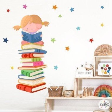 Stickers muraux enfant pour écoles et bibliothèques - Fille blond lisant sur des livres