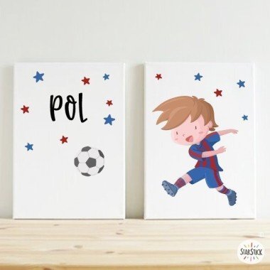 Pack de 2 láminas decorativas - Niño jugador de fútbol. Barça + Lámina con nombre