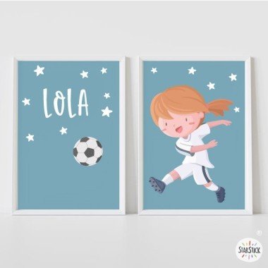 Pack de 2 làmines decoratives - Nena jugadora de futbol. Madrid + Làmina amb nom