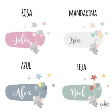 Personalized children's wall stickers with the baby's name - Elephant with balloons
