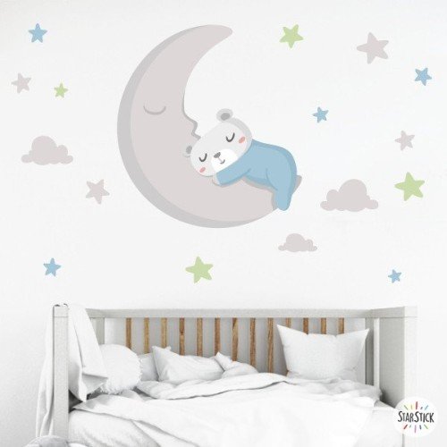 Vinilo Osito en la luna. Azul - decoración habitación bebé niño