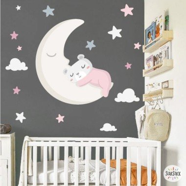 Sticker Little bear on the moon. Pink - Children's decoration products