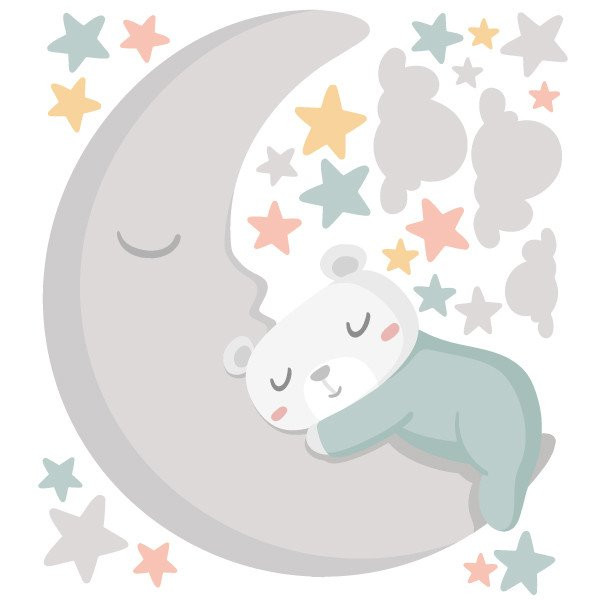 Décoration pour bébé. Sticker Petit ours sur la lune. Turquoise