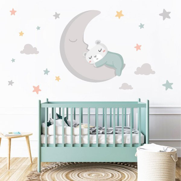 Baby decoration. Sticker Little bear on the moon. Turquoise