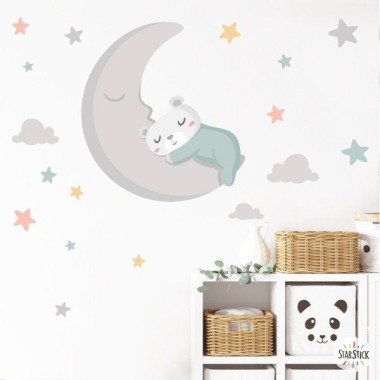 Baby decoration. Sticker Little bear on the moon. Turquoise