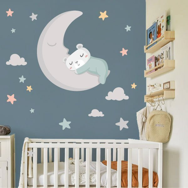 Baby decoration. Sticker Little bear on the moon. Turquoise