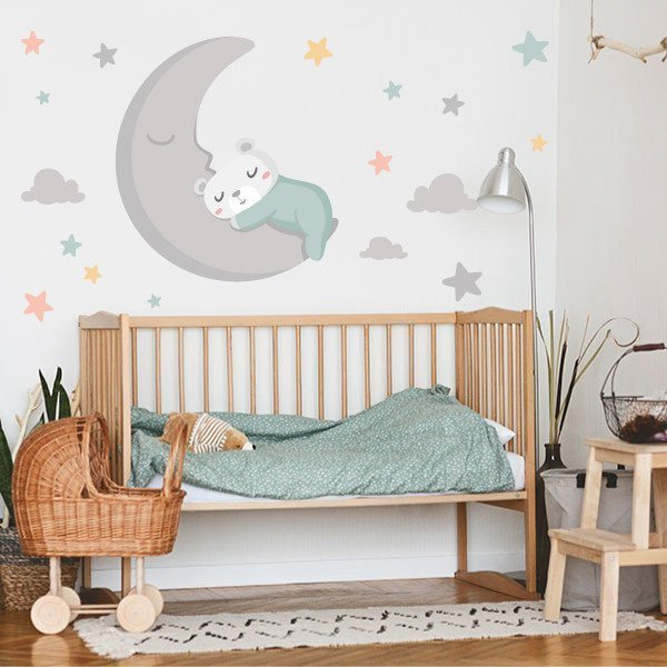 Baby decoration. Sticker Little bear on the moon. Turquoise