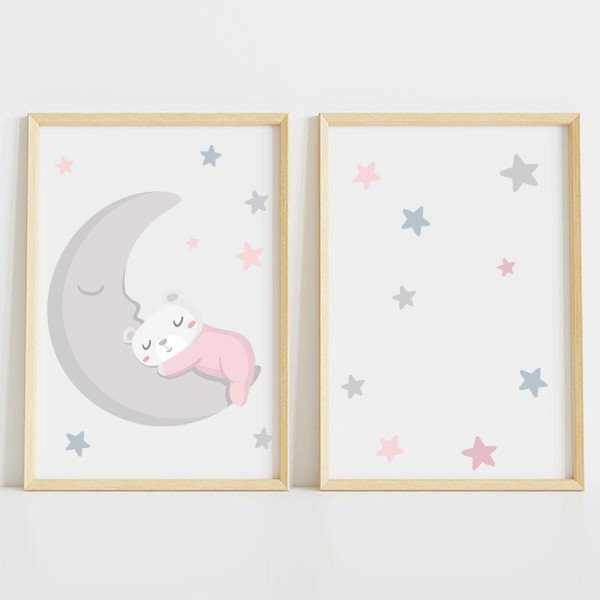 Conjunto de 2 láminas infantiles - Osito en la luna - Cuadros personalizados