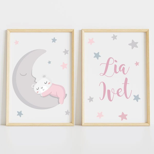 Set of 2 children's prints - Little bear on the moon - Personalized paintings