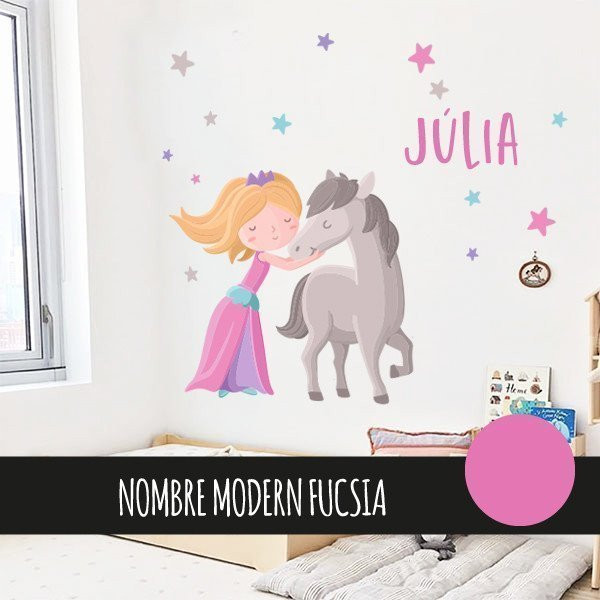 Vinilo para niñas princesa y caballo. Rosa fucsia - Vinilos decorativos para niñas