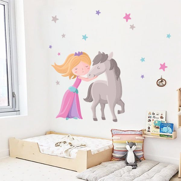 Vinilo para niñas princesa y caballo. Rosa fucsia - Vinilos decorativos para niñas