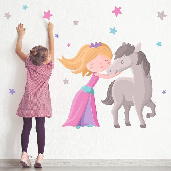 Vinilo para niñas princesa y caballo. Rosa fucsia - Vinilos decorativos para niñas