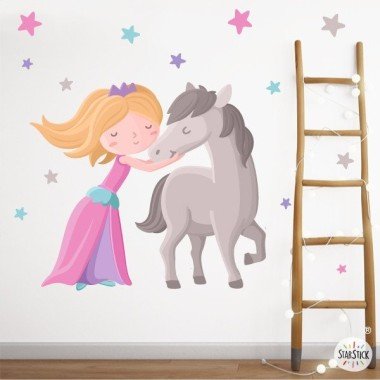 Sticker mural pour filles Princesse et cheval - Vinyle déco enfant