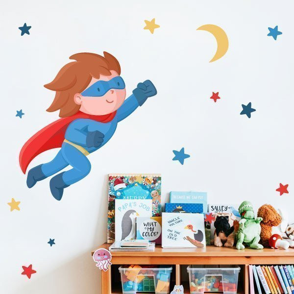 Vinil infantil superheroi nen volador amb estrelles i lluna, decoració paret habitació nadó i nen