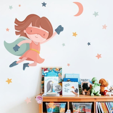 Sticker mural fille superhéroïne avec étoiles et lune, décoration chambre fille