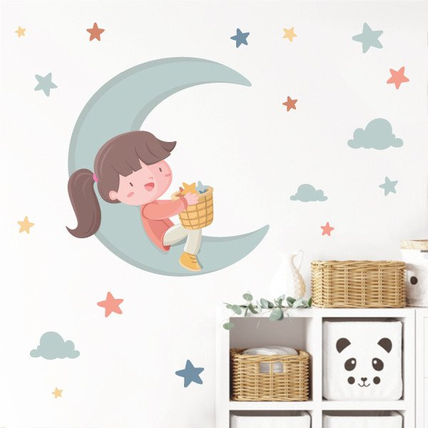 Children's decorative vinyl - Girl on the moon - Decoration for girls