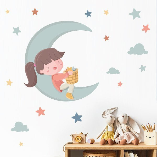 vinilo infantil niña en la luna decoracion pared habitacion niña estrellas nubes starstick
