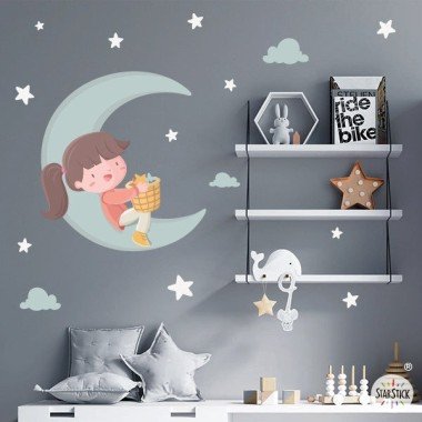 Stickers décoratif pour enfants - Fille sur la lune - Décoration pour filles