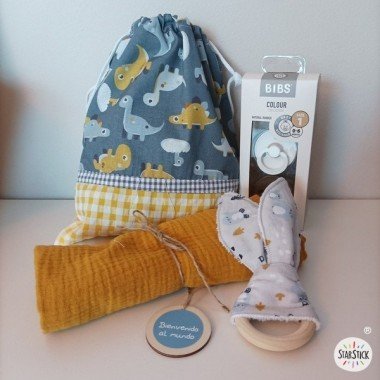 Gift pack for babies - Happy walk! mustard tones and dinos
