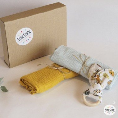 Caja regalo para bebés - Primeros mimos - Mostaza y mint
