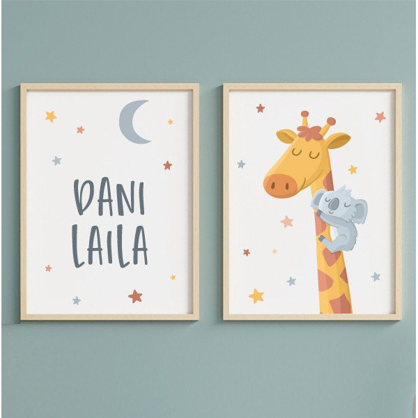 2 cuadros infantiles personalizados. Jirafa con koala