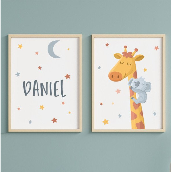 Láminas infantiles de cuadro personalizadas - Jirafa con koala