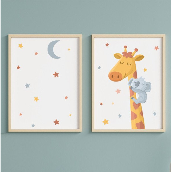 2 cuadros infantiles personalizados. Jirafa con koala