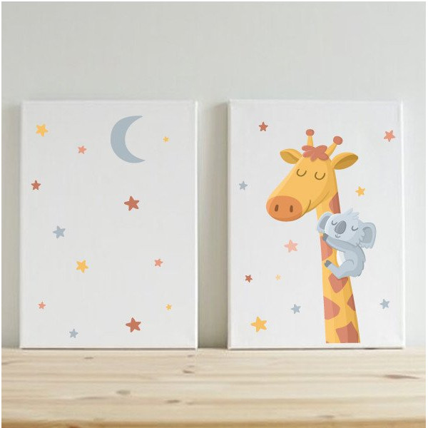 2 cuadros infantiles personalizados. Jirafa con koala