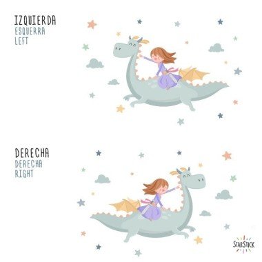 Children's stickers Princess and dragon - Children's decoration for girls StarStick Girl wall decals Decorative wall sticker for brave and dreamy girls. Girls capable of dominating a dragon and the entire world! 
Approximate measurements of the mounted vinyl (width x height)
Basic: 60x35cm
Small: 90x50cm
Medium: 130x75cm
Large: 170x90cm
Giant: 200x135cm
 vinilos infantiles y bebé Starstick
