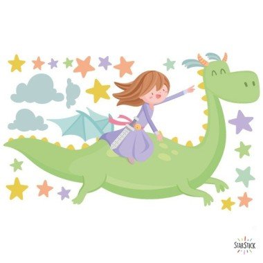 Children's stickers Princess and dragon - Children's decoration for girls StarStick Girl wall decals Decorative wall sticker for brave and dreamy girls. Girls capable of dominating a dragon and the entire world! 
Approximate measurements of the mounted vinyl (width x height)
Basic: 60x35cm
Small: 90x50cm
Medium: 130x75cm
Large: 170x90cm
Giant: 200x135cm
 vinilos infantiles y bebé Starstick