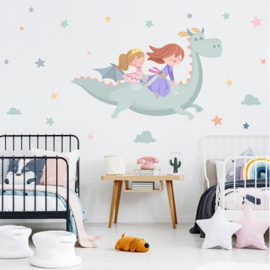 vinilo infantil hermanas volando en dragon decoracion pared habitacion niña mural dragon