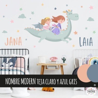 Children's wall sticker - Dragon with two princesses - Children's decoration for sisters