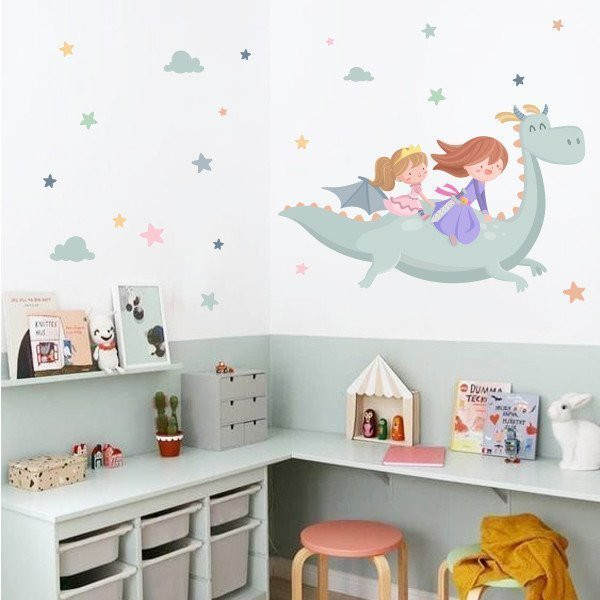 Vinil infantil - Drac amb dues princeses - Decoració infantil per a germanes