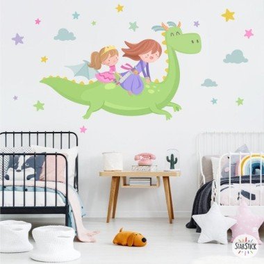Sticker mural - Dragon avec deux princesses - Décoration enfant pour soeurs