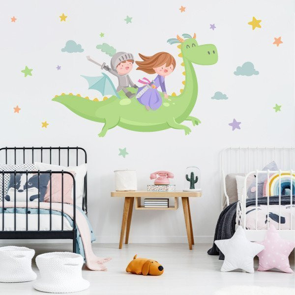 Decorative stickers for children - Dragon with princess and knight - Decoration for siblings