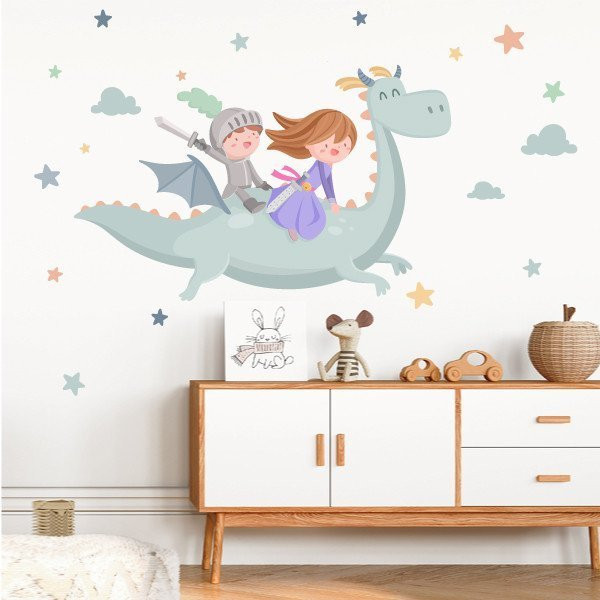 Decorative stickers for children - Dragon with princess and knight - Decoration for siblings
