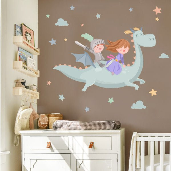 Decorative stickers for children - Dragon with princess and knight - Decoration for siblings