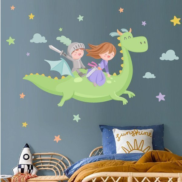 Decorative stickers for children - Dragon with princess and knight - Decoration for siblings