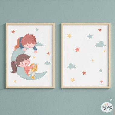 2 affiches personnalisables pour enfants – Enfants sur la lune – Décoration enfant