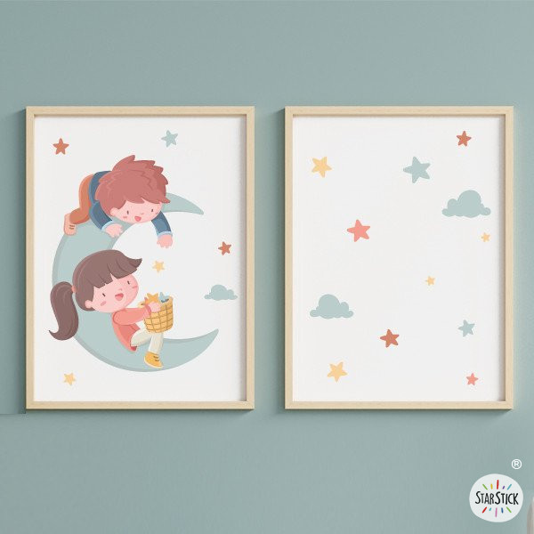 2 làmines infantils personalitzables – Nens a la lluna – Decoració infantil