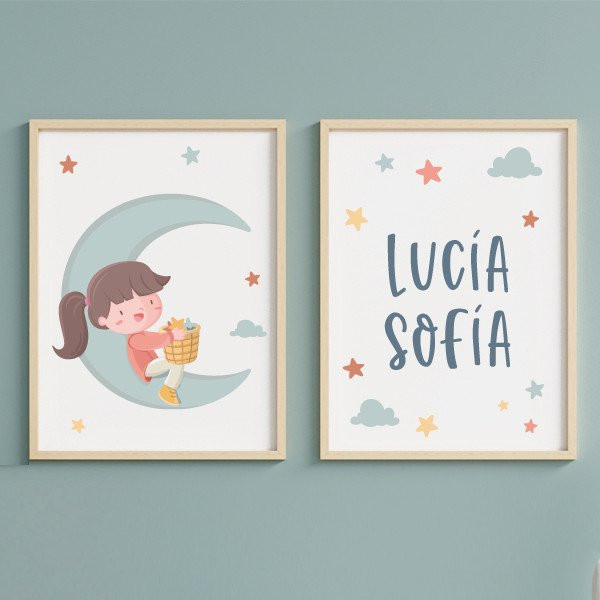Affiches personnalisables pour enfants - Fille sur la lune