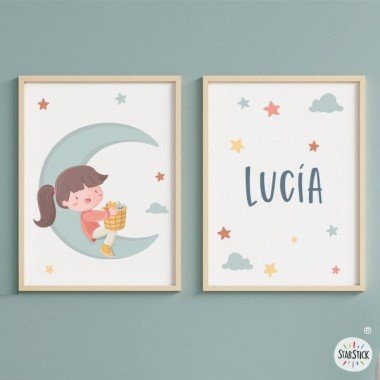 Láminas infantiles personalizadas - Niña en la luna - Cuadros decoración infantil