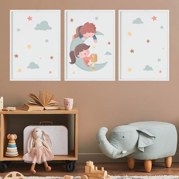 Children on the moon. 3 customizable children's paintings for children's bedrooms